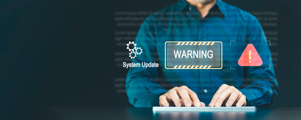 System warning hacked alert, User is using computer, cyber attack on network, data breach, illegal connection, compromised information, Malicious software, virus cybercrime.