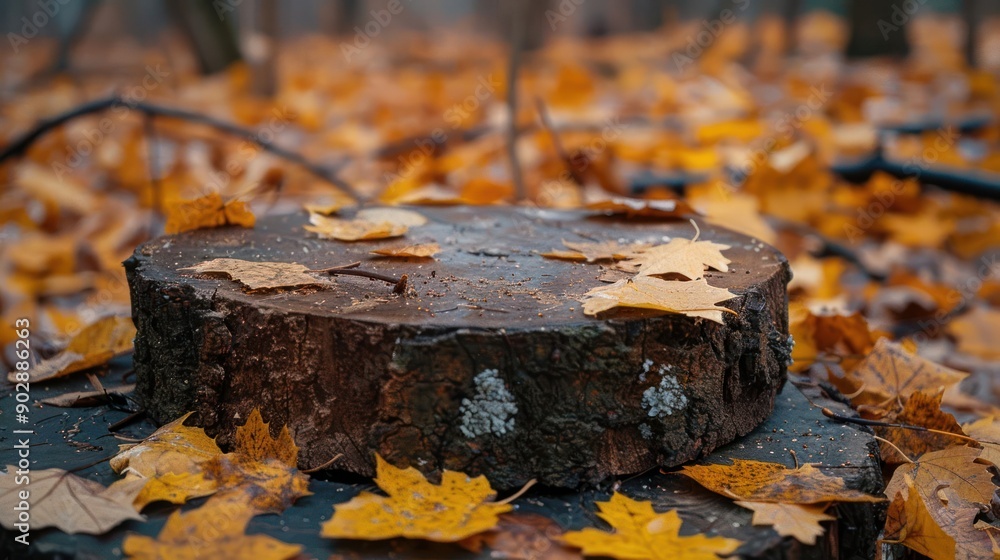 Poster a large log with a pile of leaves on top of it