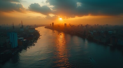 Naklejka premium An aerial view of a cityscape with a river flowing through it at sunset. The sun is setting behind the city, casting a warm glow on the water.