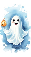 Obraz premium Watercolor cute colorful halloween ghosts. Hand drawn autumn party illustration.