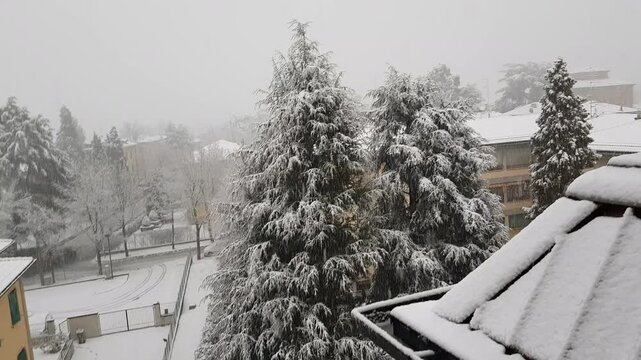 snow over Bibbiano Reggio Emilia beautiful panoramic over the town. High quality 4k footage