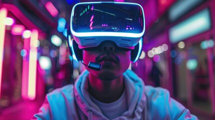 A man wearing a VR headset is looking at a neon sign. The neon sign is bright and colorful, creating a futuristic and exciting atmosphere. The man is enjoying the virtual reality experience