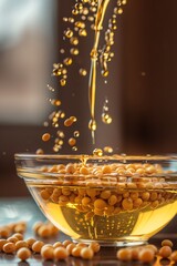 Splashing soybean oil in glass bowl with soybeans, dynamic lighting, soft background, highspeed capture