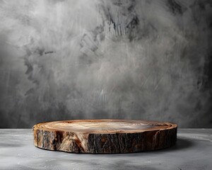 Rustic Wooden Pedestal on Neutral Grey Backdrop for Organic Product Presentation