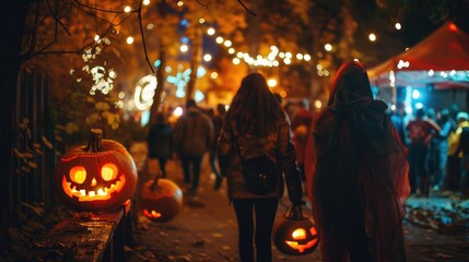 Fototapeta premium Teenagers come out to have fun at night at Halloween festival. Generative Ai