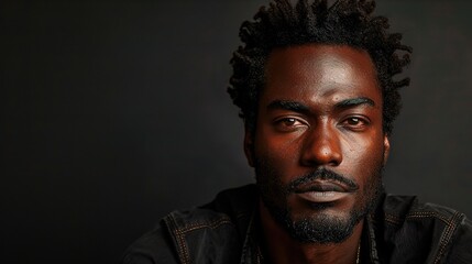 Fototapeta premium Confident Gaze: A close-up portrait of a young Black man with a determined expression, his dark eyes gazing directly at the camera.
