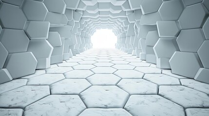 Glowing hexagon pathway in a dark environment, 3D hexagons, sci-fi journey