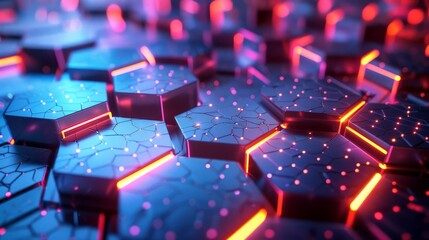Fototapeta premium Hexagon array with dynamic lighting effects, 3D hexagons, motion and energy