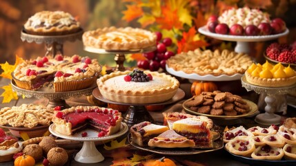 Naklejka premium A Thanksgiving dessert table featuring pies, cakes and cookies, with fall leaves and pumpkins.