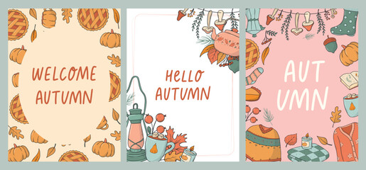 Autumn cards, posters, banner collection decorated with lettering quotes and doodles. Good for templates, invitations, prints, etc. EPS 10
