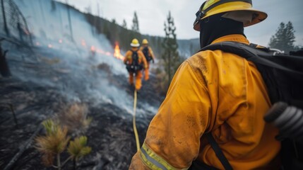 Naklejka premium Firefighters, clad in yellow gear, advance through a charred, smoky forest with evident flames in the background, showcasing their bravery in wildfire suppression efforts.