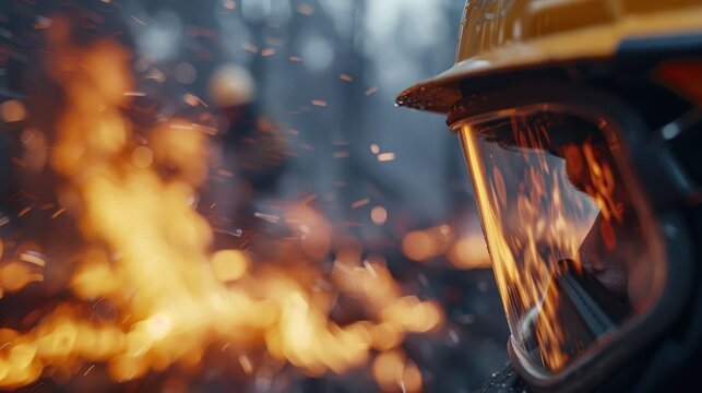 A close-up of a firefighter wearing a helmet and face shield, intensely focused while fighting an intense forest fire, with flames and smoke swirling around in the background.