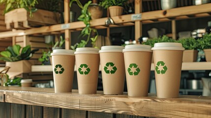 Fototapeta premium Five compostable coffee cups with green recycling symbols sit neatly on a wooden counter surrounded by vibrant plants and a cozy café atmosphere