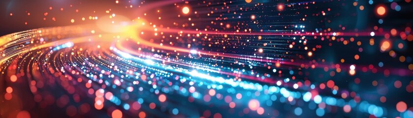 Obraz premium A colorful, abstract image of a wire with many small dots. The dots are of different colors and sizes, creating a sense of movement and energy. Scene is dynamic and lively