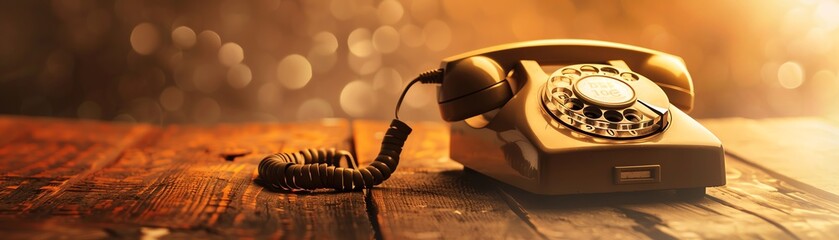 Vintage rotary phone on a wooden table, side view, warm antique background, soft spotlight