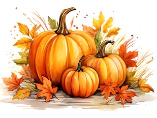 Watercolor cute colorful halloween orange pumpkins. Hand drawn autumn party illustration.