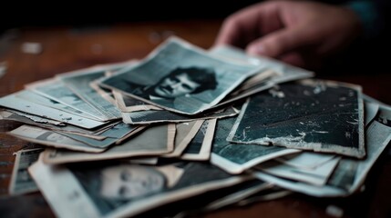 A person's hand gently touches a stack of weathered black and white photographs, implying a personal connection to the memories and experiences captured in each picture.