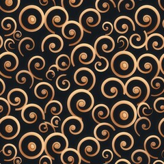 Abstract seamless pattern with gold swirls on a black background.