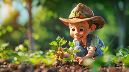 A gardener planting new shrubs in a garden Animated character, C4D model rendering, 3D rendering - Generative AI