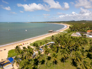 Aerial photo of Malinha Beach with pier, in the city of Tamandaré, state of Pernambuco, Brazil.