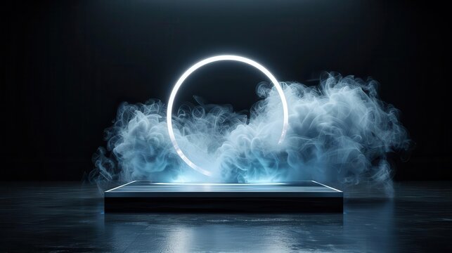 A podium in a dark room with a swirling fog machine