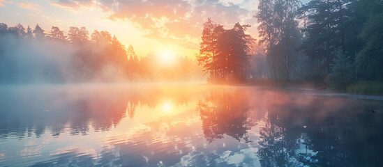 Fototapeta premium A beautiful sunrise in the fog at the forest lake, creating a serene and tranquil atmosphere. Suitable for nature, landscape, and outdoor-related content,...