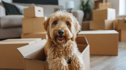 cute dog inside a box in a house during a move