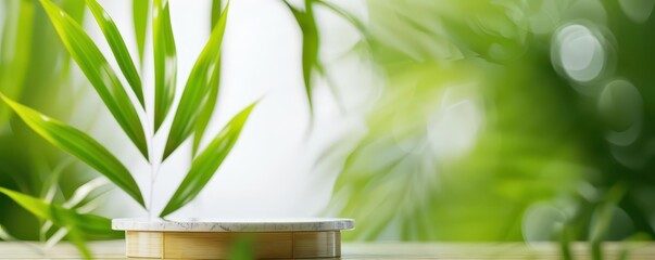 A bamboo podium with a marble base, accented by soft green leaf shadows, perfect for presenting luxury skincare products in a natural setting