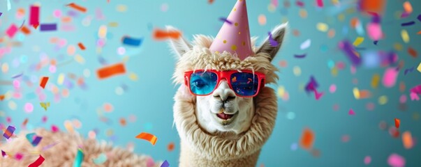 Naklejka premium Festive Llama Celebration: Quirky Animal in Party Hat and Sunglasses on Blue Background with Confetti. Creative Marketing Visual for Birthdays, Carnivals, New Year's Eve, and Holiday Events. Perfect f