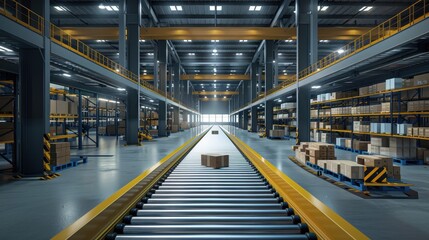 Obraz premium A conveyor belt with boxes on it. The boxes are brown and white