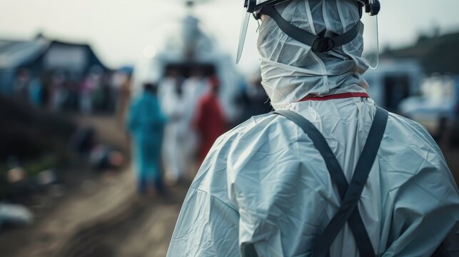 A person in a protective suit oversees a medical rescue operation, highlighting the urgency and importance of safety and health measures in critical situations.
