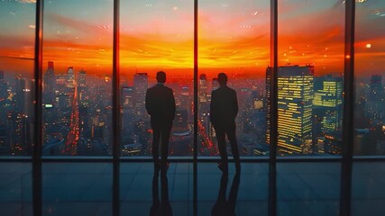 This two individuals admire a vibrant sunset from a high-rise building.