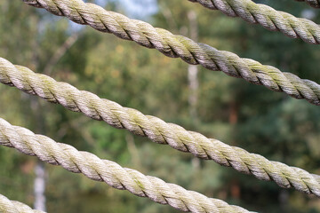 several rows of braided ropes diagonally against green foliage of trees, textured background,part of a fence, railing for climbing stairs