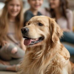 Happy Golden Retriever with Its Family, Close Up Shot, Soft Light, Low Angle View