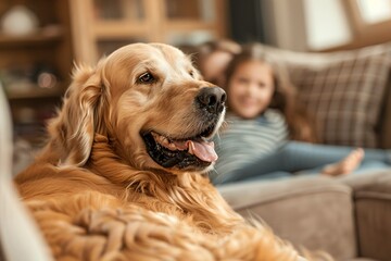Happy Golden Retriever with Its Family, Close Up Shot, Soft Light, Low Angle View