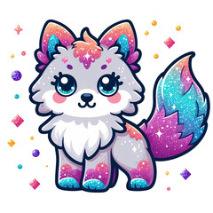 Cute cartoon fox character with galaxy-colored fur, bright eyes, and a whimsical design surrounded by colorful gems. Vector illustration.