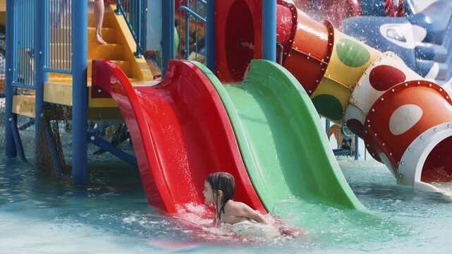 A little girl slides down a water slide in the pool, laughing joyfully. A great shot for advertising children's activities, summer vacations, and family fun.