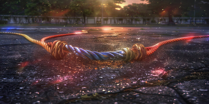 The Double Dutch Dilemma: A pair of colorful jump ropes, tangled on a dirty asphalt playground.