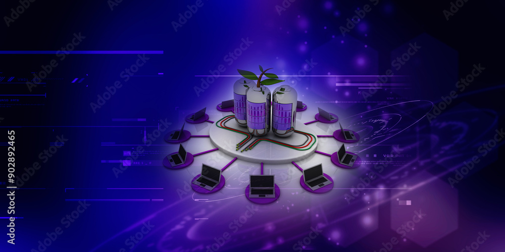 Poster 3d rendering technology computer network with green energy battery