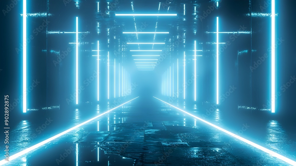 Aufkleber futuristic neon cyan backdrop with abstract glowing shapes for high tech product display