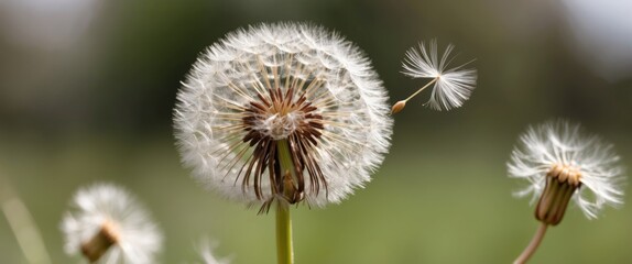 A delicate dandelion puff floating against a blurred background, symbolizing nature's beauty and the arrival of spring.