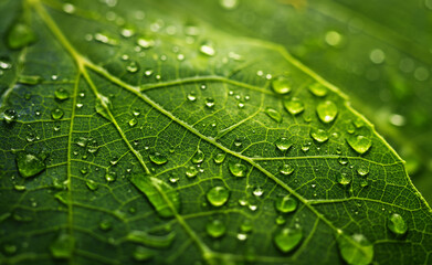 A detailed close-up of water droplets on a vibrant green leaf, showing texture and freshness.


