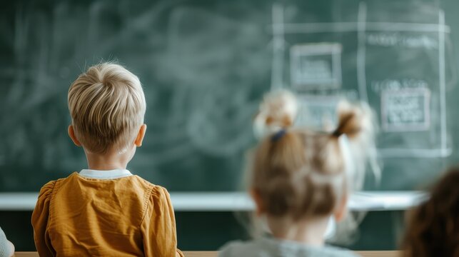 A group of attentive children viewed from behind in a classroom setting, with focus on a chalkboard filled with educational content, symbolizing learning and youthful curiosity.