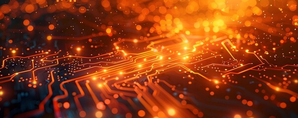 Obraz premium Neon Orange Glowing Circuit Board Design for Dynamic Tech Backdrop or Product Concept Display