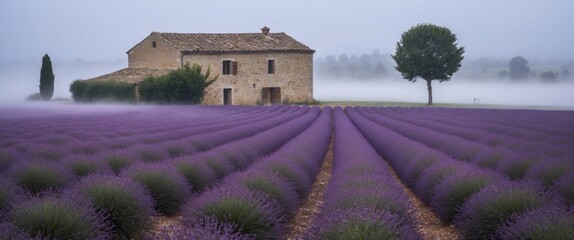 A serene lavender field at dawn with a rustic house, shrouded in mist, exemplifying tranquil rural beauty and idyllic scenery.