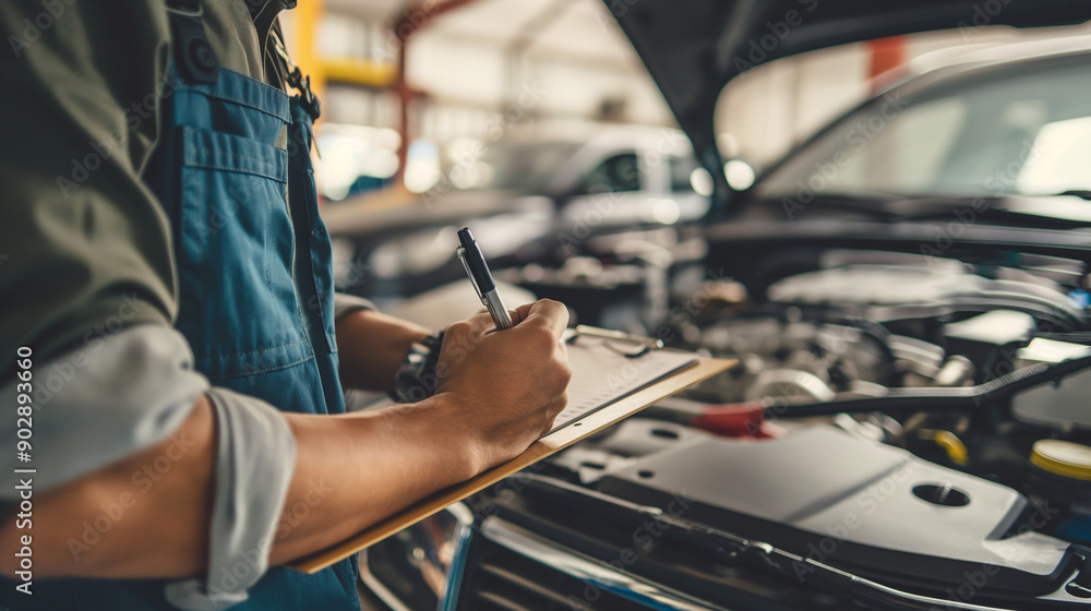 Poster a mechanic is checking a car's engine with a clipboard in hand inside an automotive workshop.
