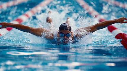 A swimmer performing the butterfly stroke in a pool, making waves and splashes around him.

