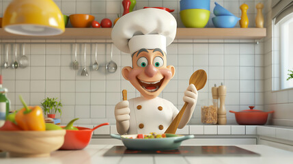 a chef with a big smile, holding a wooden spoon, in a colorful kitchen, white background