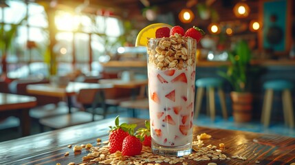 Refreshing and healthy yogurt parfait with fresh fruit and granola is sitting on a table in a cafe, bathed in the warm glow of the morning sun