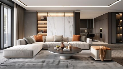 Modern living room interior with contemporary furniture, presented in a detailed 3D render